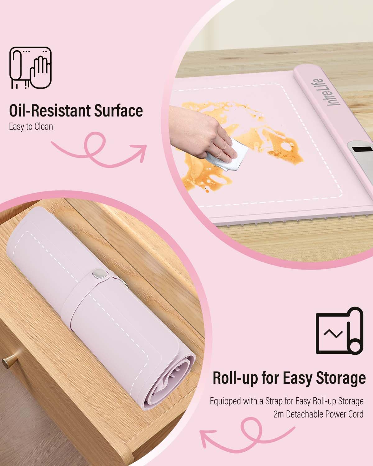 IntreLife Food Warming Mat - Graphene Heating, 7 Temp Settings, Silicone, Roll Up, Lilac, Model WB-001P