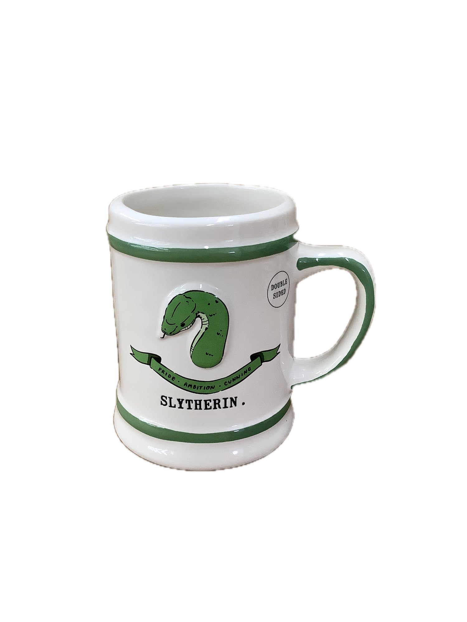 Rae Dunn Harry Potter Ceramic Coffee Mug, White with Green Trim, DoubleSided