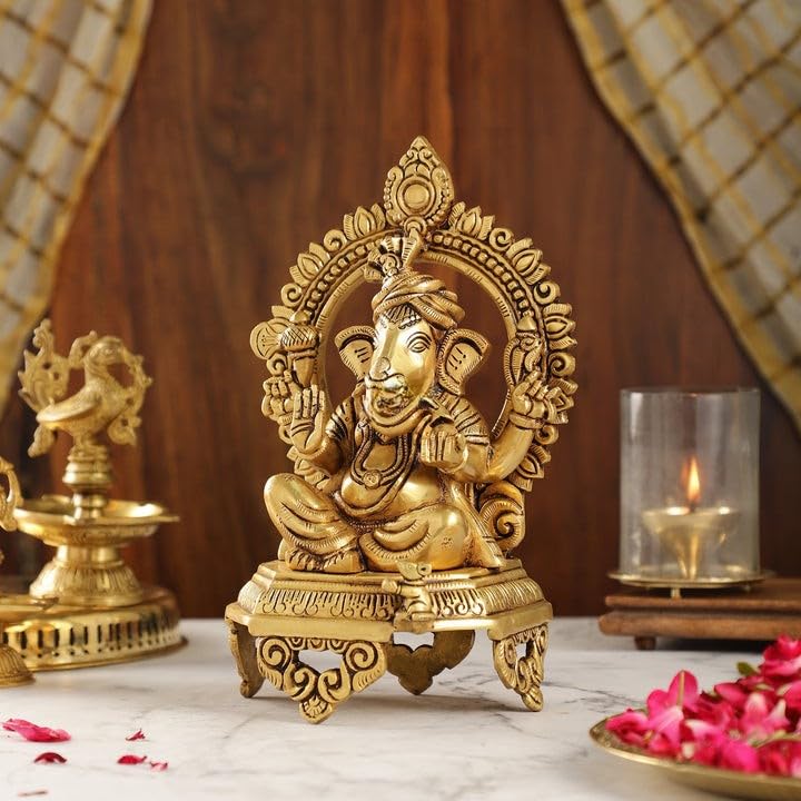 Brass Ganesha Statue With Mosaic, 26 Cm Brass Ganesh Statue, Ganpati Idol, Good Luck Gift For New Beginnings, House Warming Gift