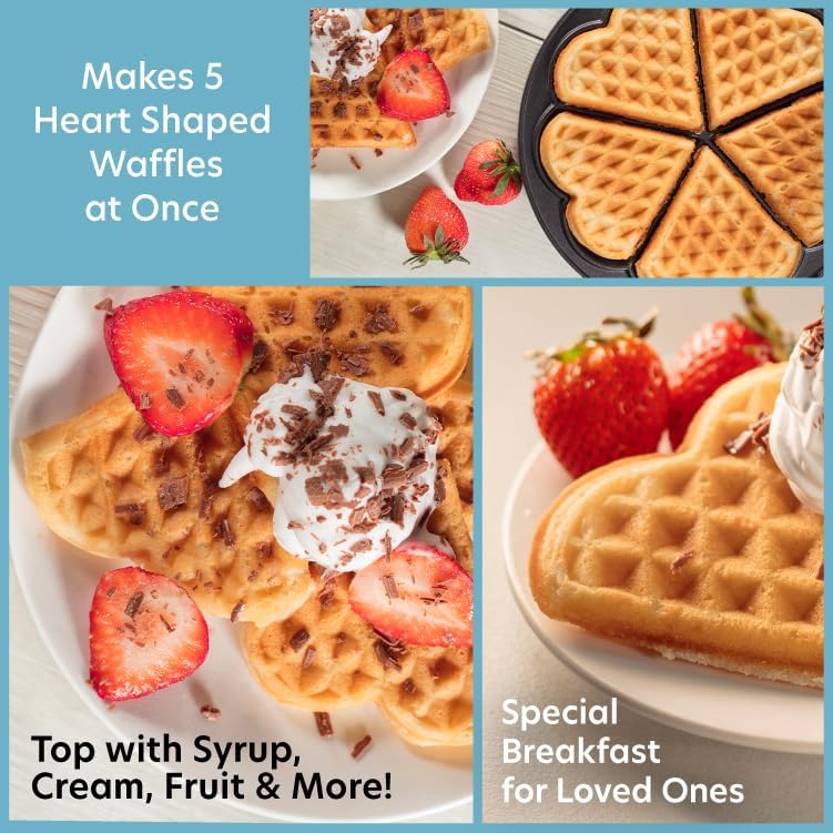 Heart Waffle Maker - Makes 5 Heart-Shaped Waffles for Christmas Holiday Breakfast - Nonstick Baker for Easy Cleanup  Electric Waffler Griddle Iron w Adjustable Browning Control- Gift for Loved Ones