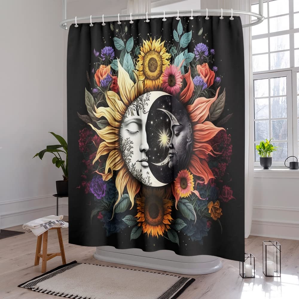 Reateforin Boho Mid Century Shower Curtain Celestial Sun Moon Love Stars Fantasy Galaxy Mushroom Shower Curtains Sunflower Plant