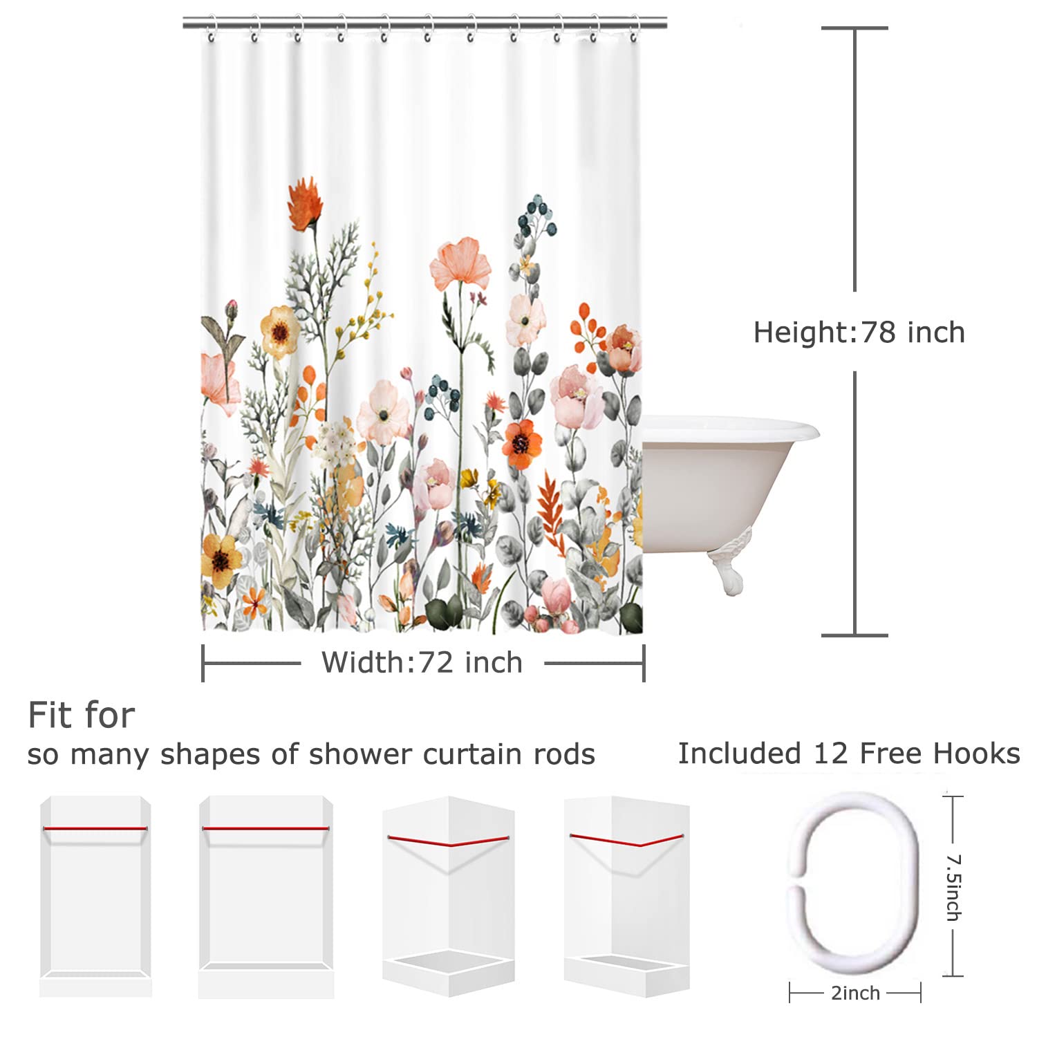 Livilan Floral Shower Curtains For Bathroom Flower Shower Curtain Pretty Shower Curtain Fabric Colorful Wildflower Flowered Show