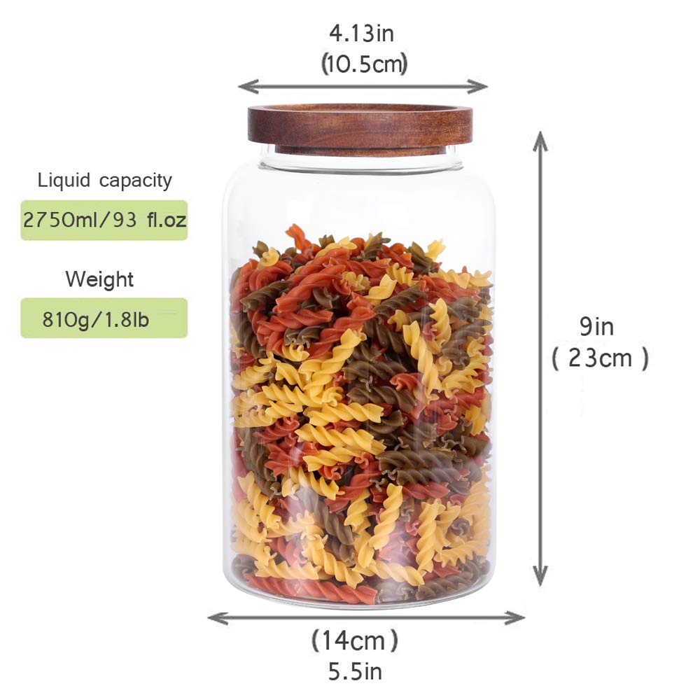 Large Glass Jar With Airtight Lid Set Of 2 93 Fl Oz(2750Ml) Glass Canister Set, Glass Food Containers Wooden Lid Suit For Kitche