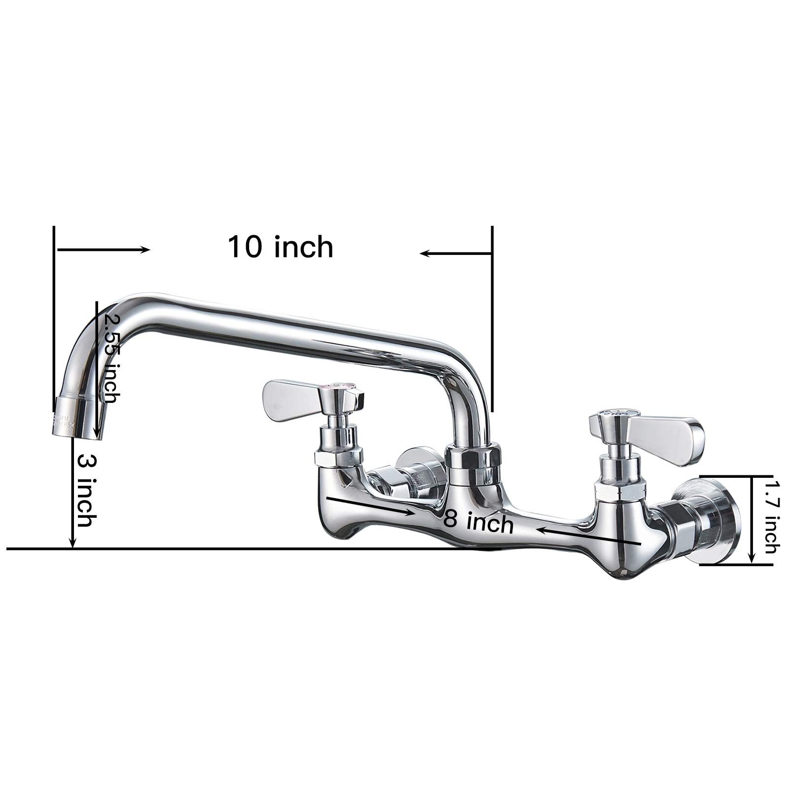 Kitchen Faucet Wall Mount With 10 Inch Swivel Spout 8 '' Center Commercial Sink 2-Handle Faucet Mixer Tap Polish Chrome Laundry