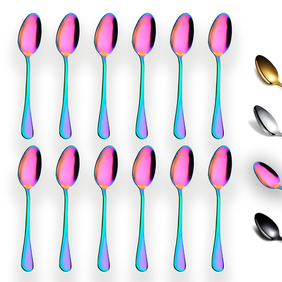 Rainbow Teaspoons 6.5'' Set Of 12, Berglander Stainless Steel Titanium Plating Shiny Mutil-Color Tea Spoons Silverware, Colorful