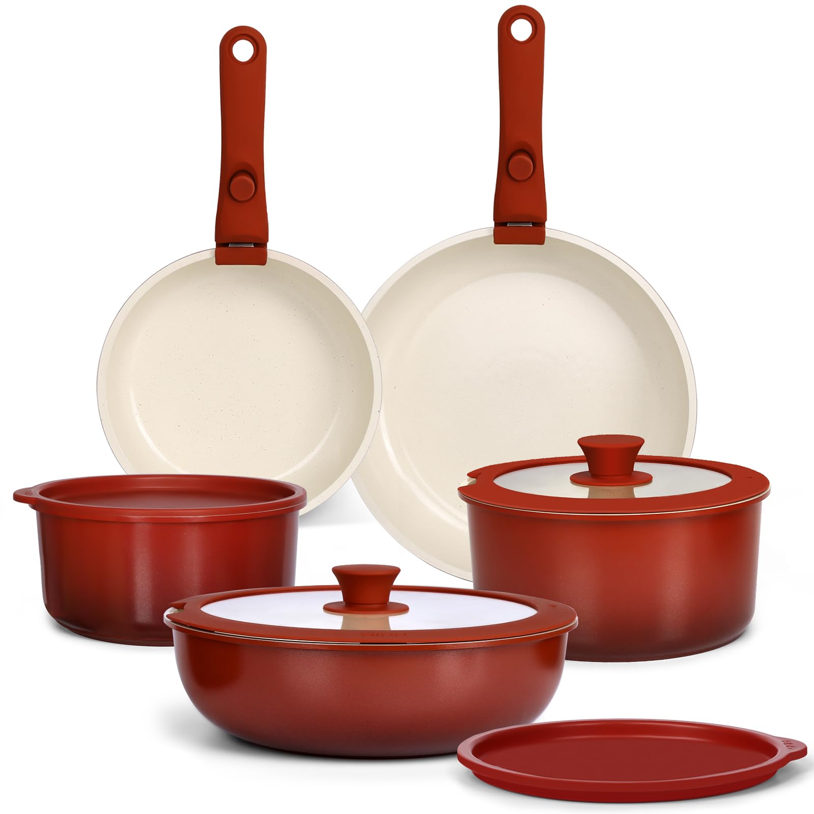 GIPP 11PCS Ceramic Pots and Pans Set Non Stick, Nonstick Cookware Set Detachable Handle, Red Black Gradien Pots and Pans Inducti