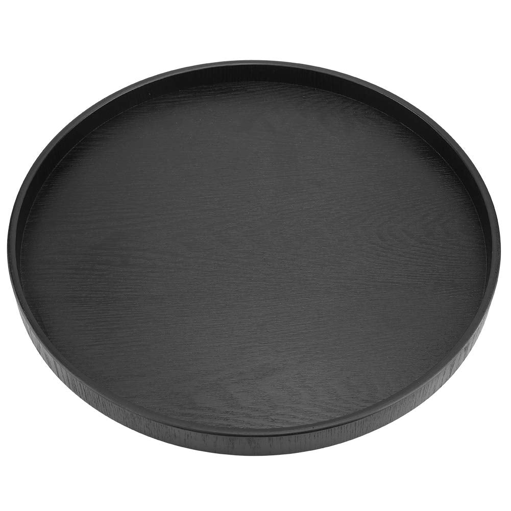 Round Shape Solid Wood Food Meals Serving Tray Tea Coffee Snack Plate Home Kitchen Restaurant Trays 37.5Cm(Black)