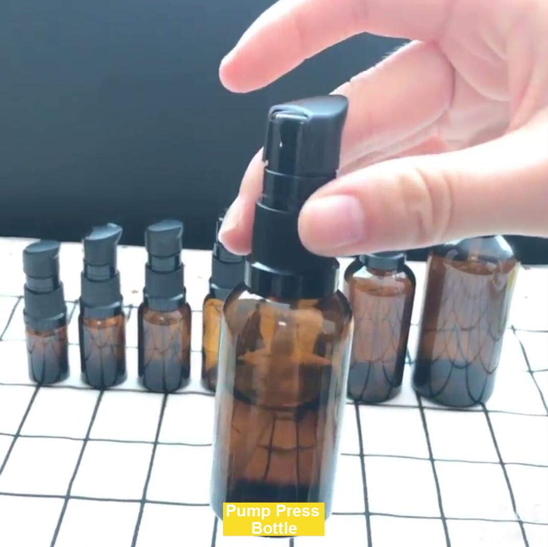 Upstore 2Pcs (100Ml/ 3.4Oz) Amber Glass Empty Pump Press Bottles With Cap Refillable Portable Bottle Vial Case Makeup Pot Jar Tr