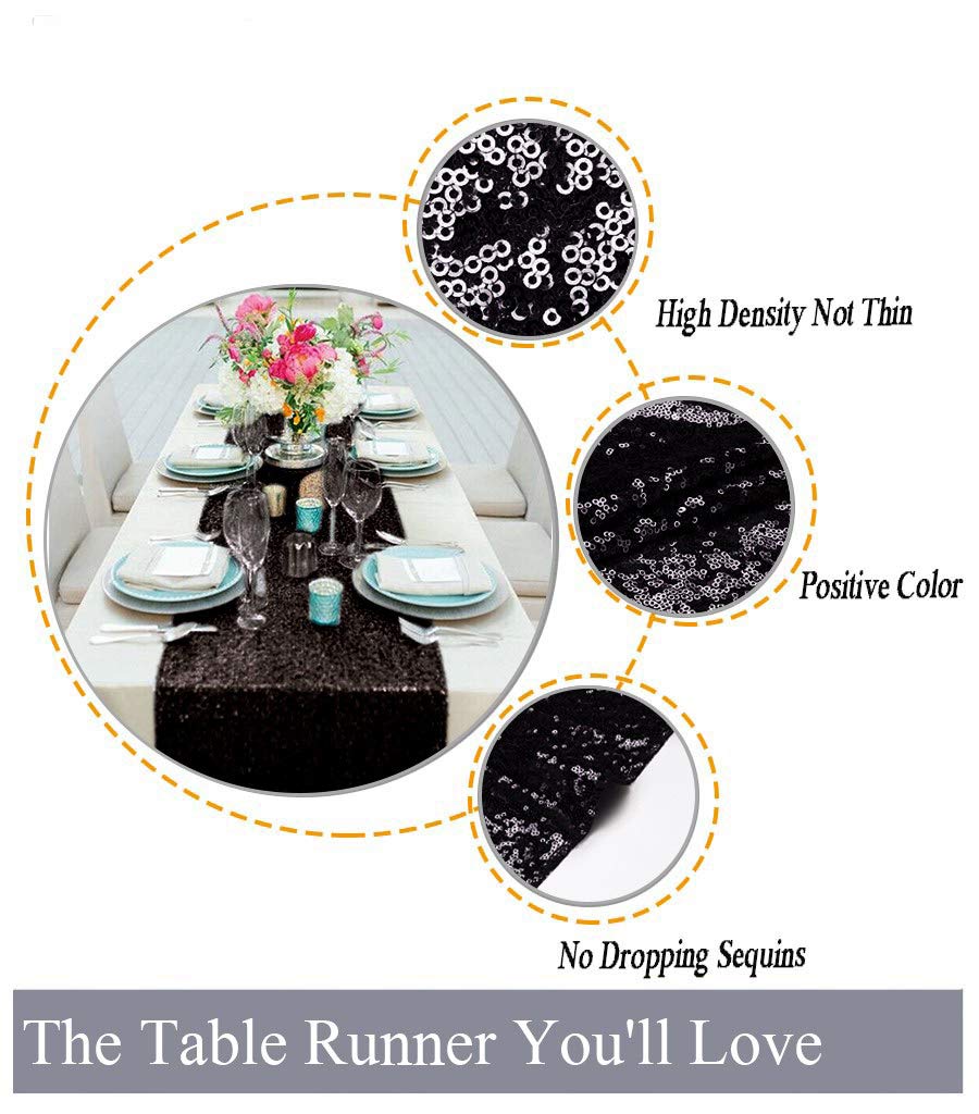 Shinybeauty Black Table Runner 12'' X 108'' Sequin Table Runner Glitter Table Runner Fall Table Runner Halloween Party Table Run