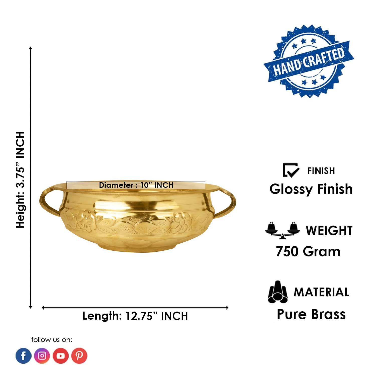 SATVIK Decorative 12.25 Inch (10 Inner Dia) Embossed Brass Urli For Floating Candles and Flowers Designer Bowl For Living Room D
