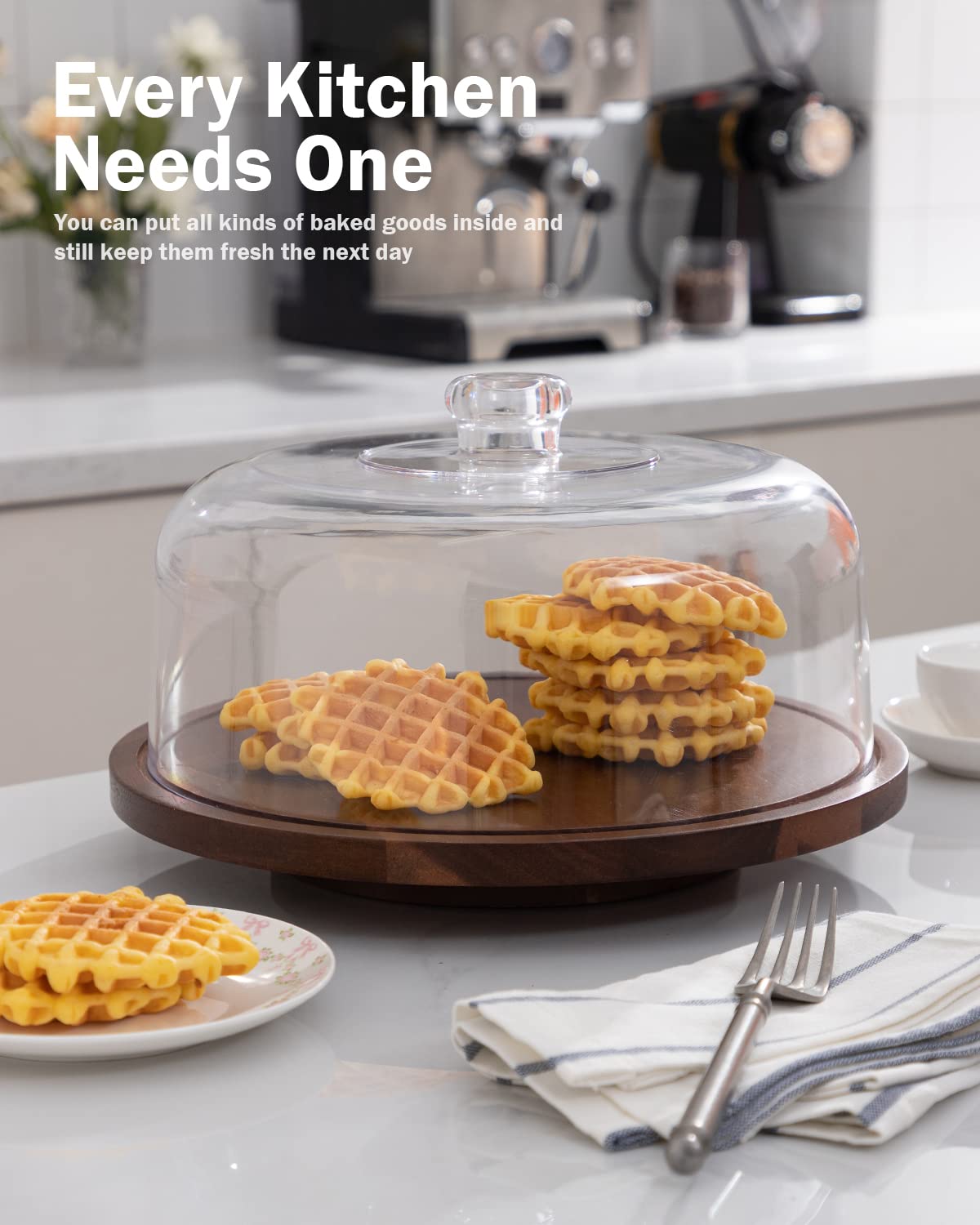 Fun Elements Rotating Cake Stand With Dome, Acacia Wood Cake Plate | Lazy Susan With Acrylic Lid For Table, Cheese Board & Servi
