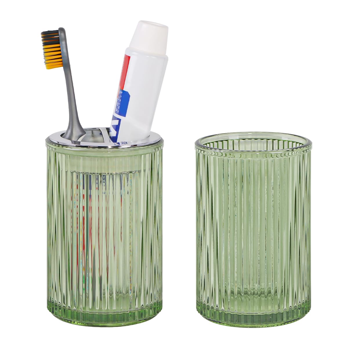 Tonxus Green Toothbrush Holders for Bathrooms, 2pcs Glass Toothbrush Holder and 12oz Bathroom Tumbler Cup Set, Silver Tooth Brus