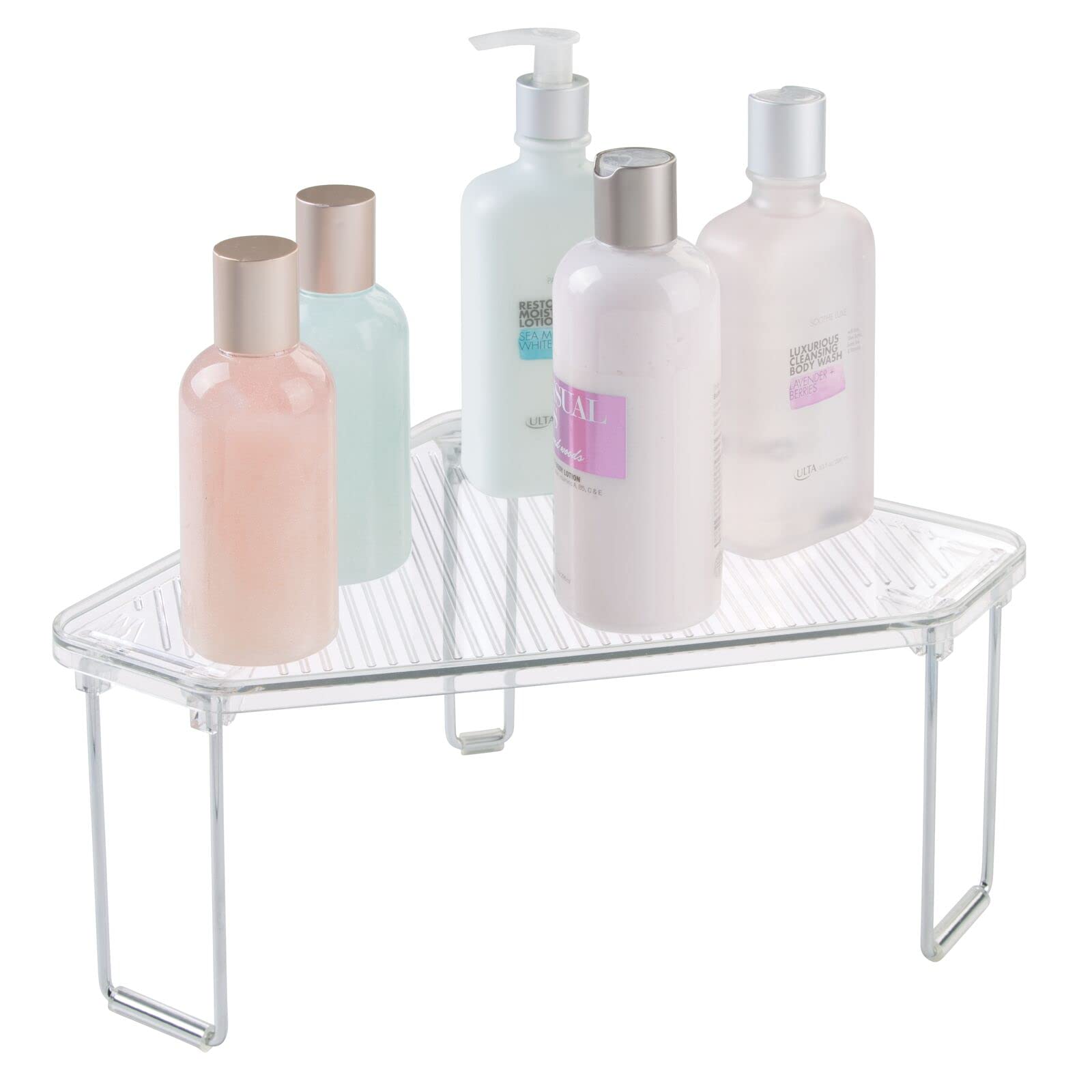 mDesign Plastic/Steel Corner Stackable Rack  Storage Organizer Shelf for Bathroom  Vanity  Countertop  Sink  Cabinet  Holds Makeup  Shower Accessories  Ligne Collection - 2 Pack - Clear