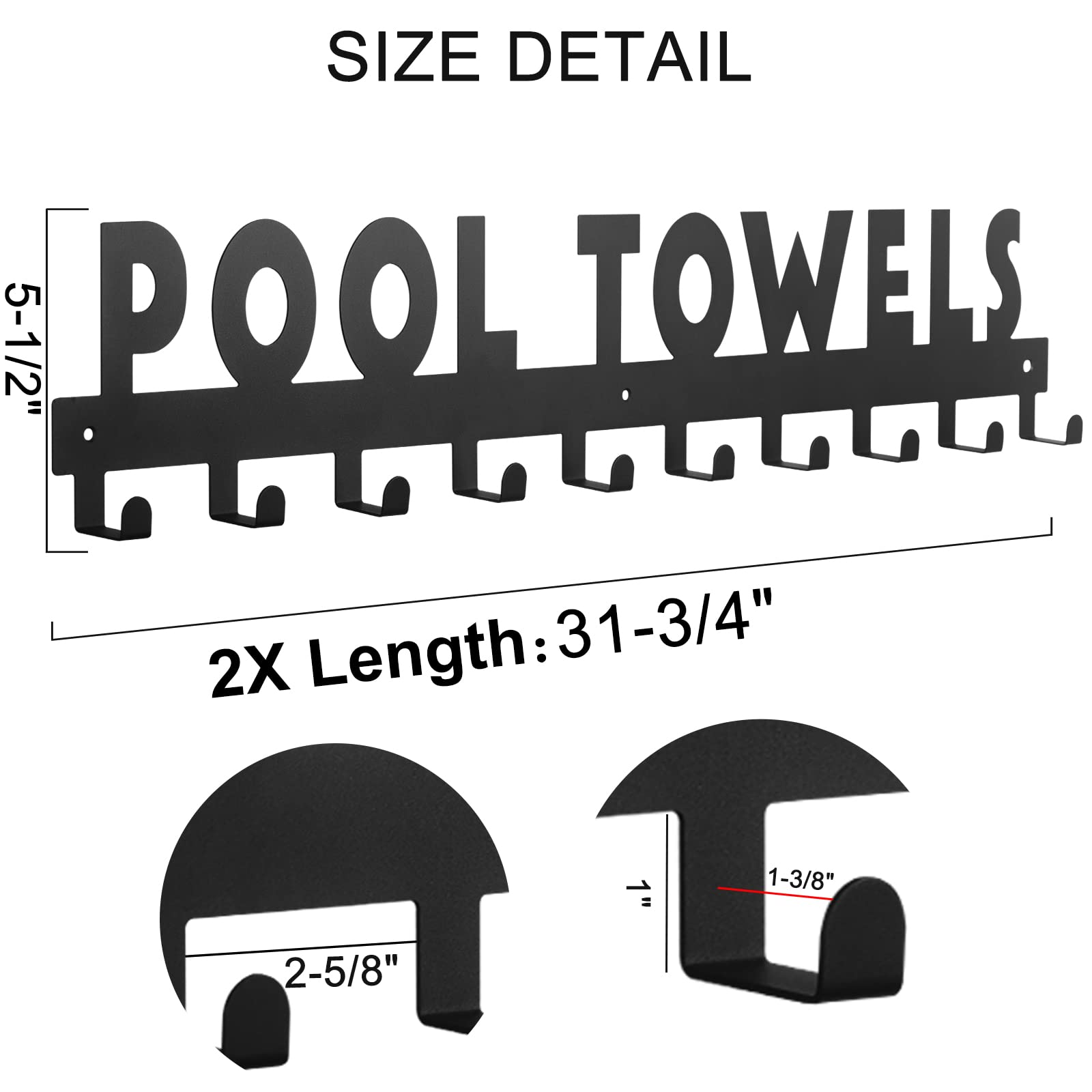 Ibosins Large Pool Towel Rack With 10 Hooks, Towel Holder Wall Mounted For Outdoor, Towel Hanger For Hanging Bathrobes, Towels,