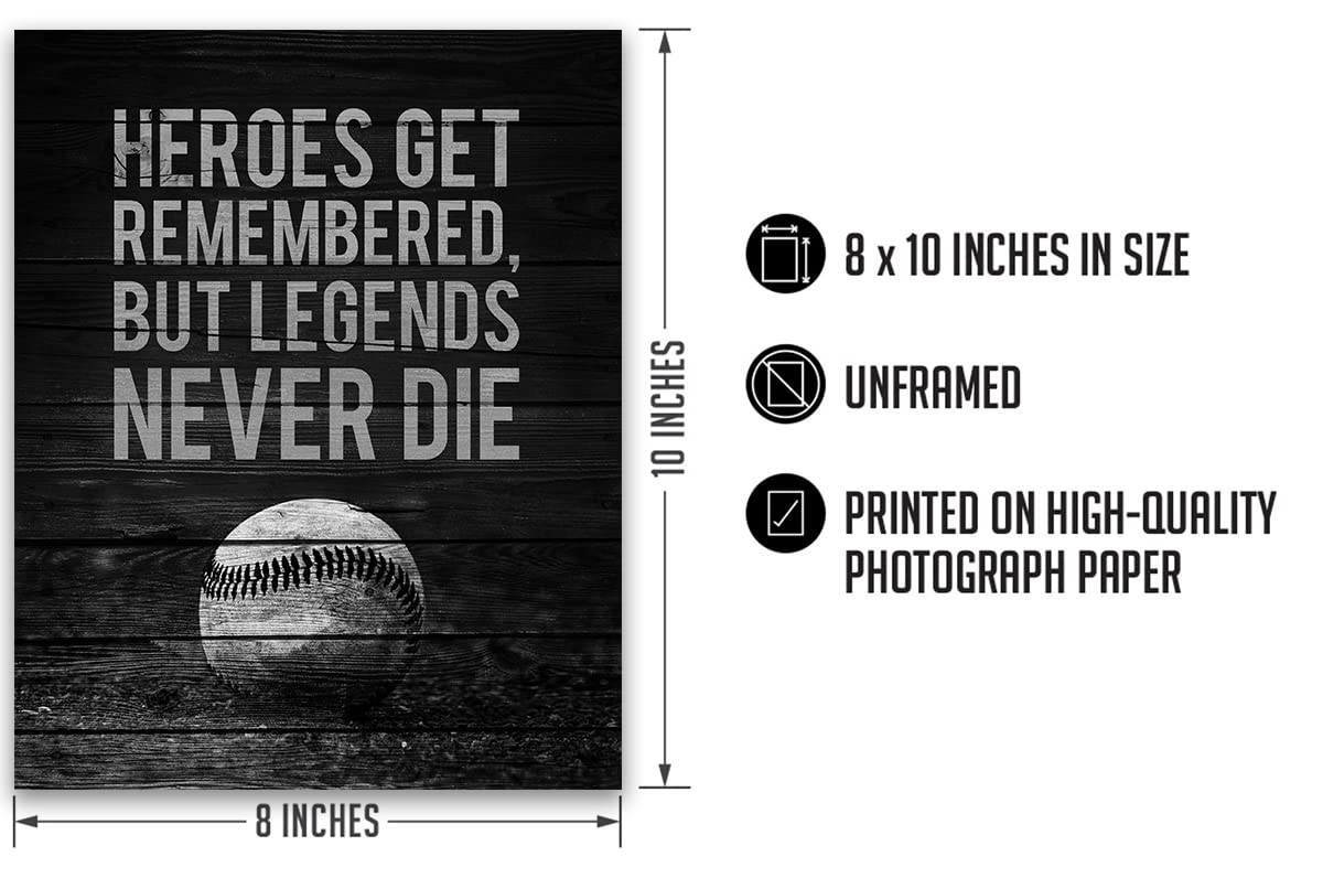 Heroes Get Remembered Legends Never Die - Baseball Motivational Sports Quotes - Baseball Wall Art For Boys Bedroom, Baseball Coa