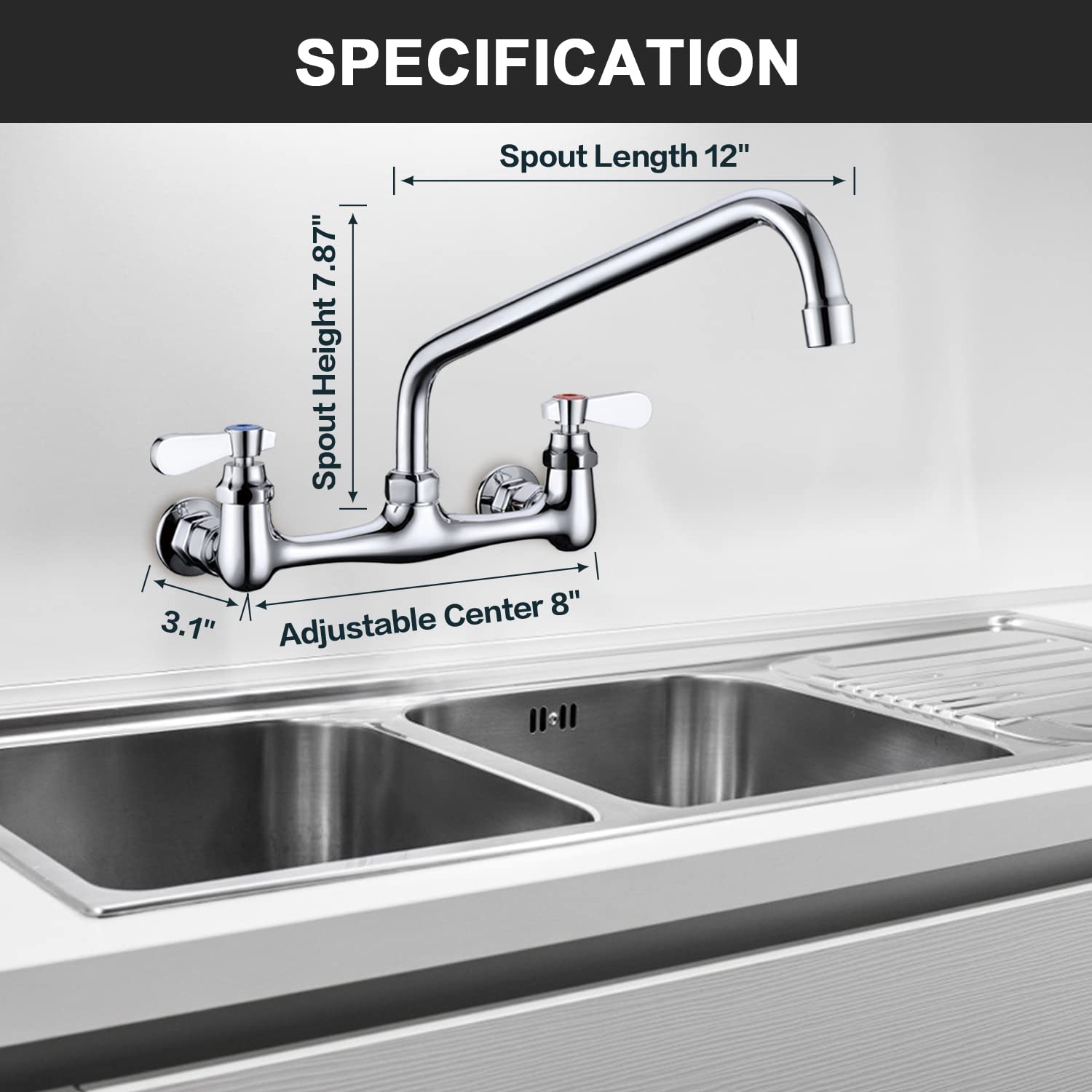 Favorpo Wall Mount Faucet 8 Inches Center Commercial Kitchen Faucet  12 Inches Swivel Spout Wall-Mount Utility Sink Faucets  2 Handle Wall Mounted Faucets for Kitchen Laundry Room Restaurant
