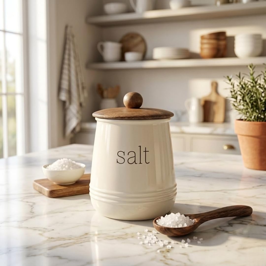 Ovil Deco Stylish Airtight Container For Kitchen, Salt Storage,White, Metal With Wooden Lid & Spoon, 1000Ml, Canister For Kitche