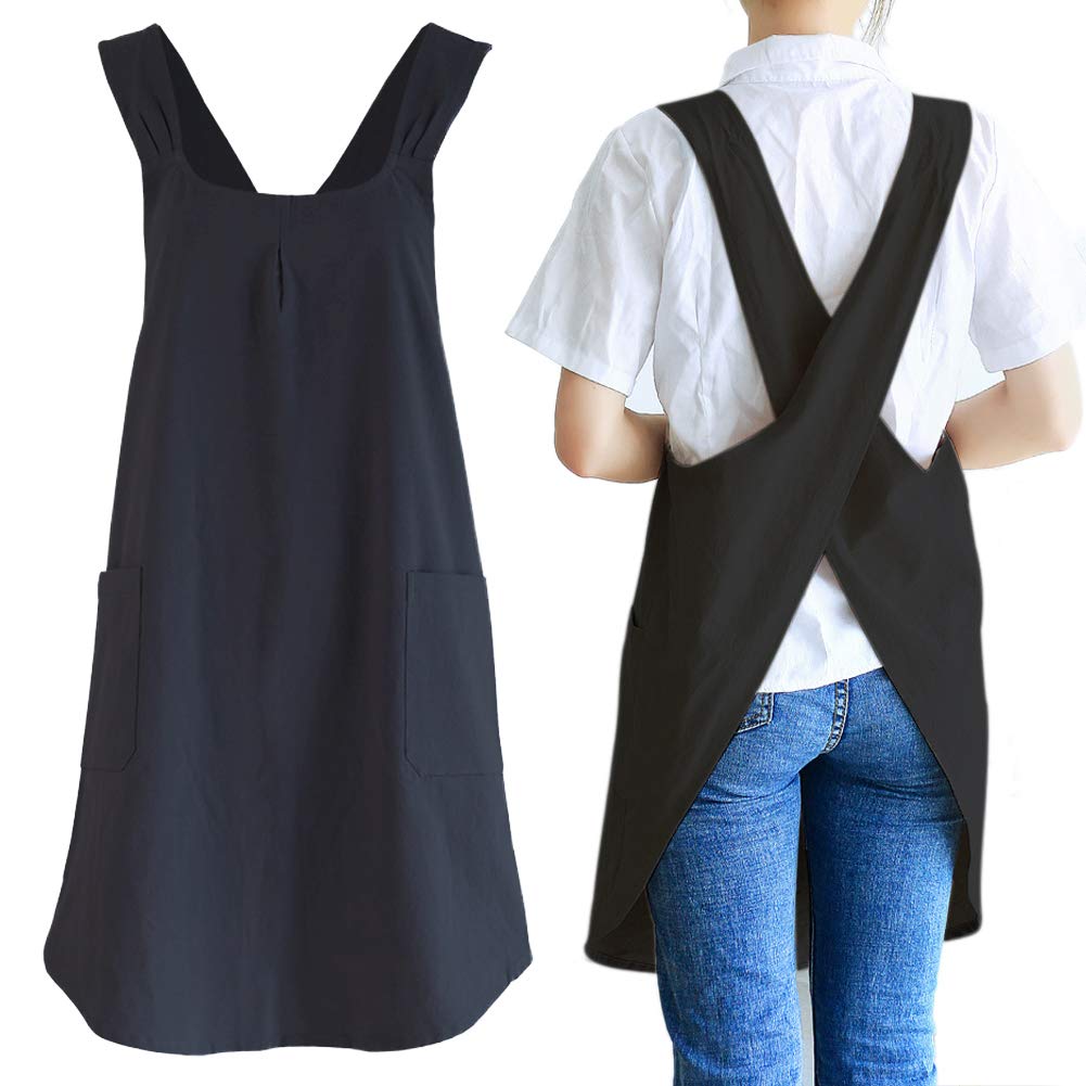 Newgem Japanese Linen Cross Back Kitchen Cooking Aprons For Men With Pockets For Baking Painting Gardening Cleaning Black