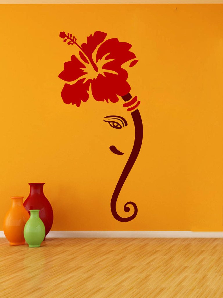 DECOR Kafe Decal Style Flower Ganesh Ji Wall Sticker Wall Poster (PVC Vinyl, 33 X 73 cm)