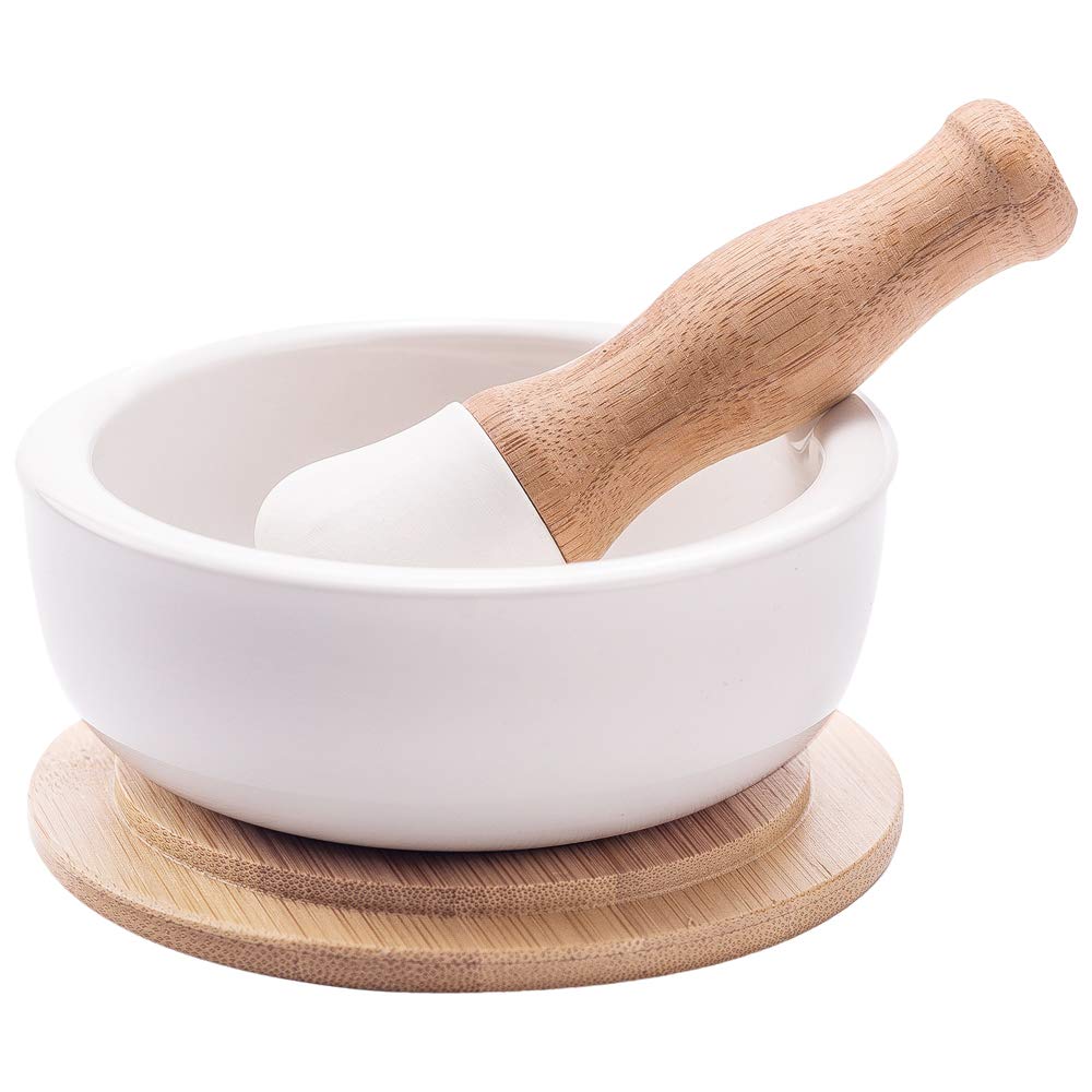 Porcelain Mortar And Pestle Set - Pill Crusher, Spice Grinder, Herb Bowl, Pesto Powder - Molcajete For Salt - Plus Lid/Non-Slip