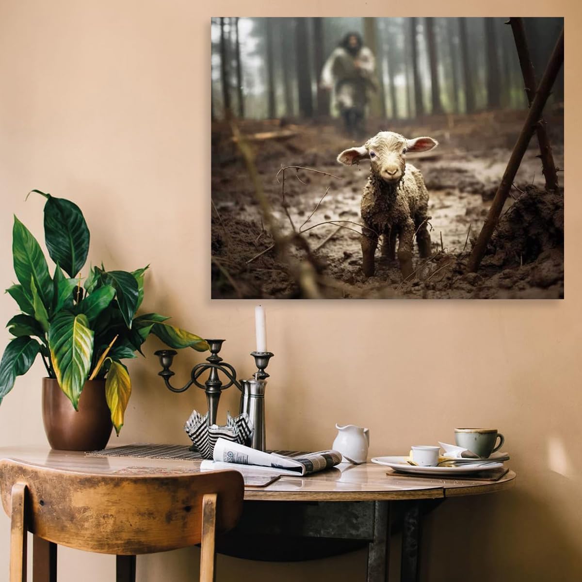 Jesus And Lamb Canvas Wall Art Jesus Running After Lost Lamb Picture Wall Art Canvas Print Christian Home Decor 30X24 Inch (Land