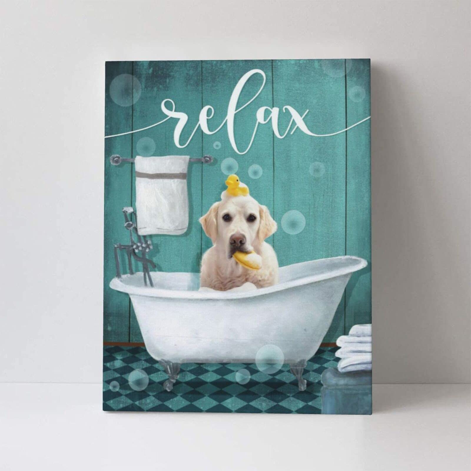 Kuphsod Dog In Bathtub Wall Art Canvas Bathroom Decor Funny Dog Sitting In Bathtub Print Paintings Modern Bathtub Artwork Wall D