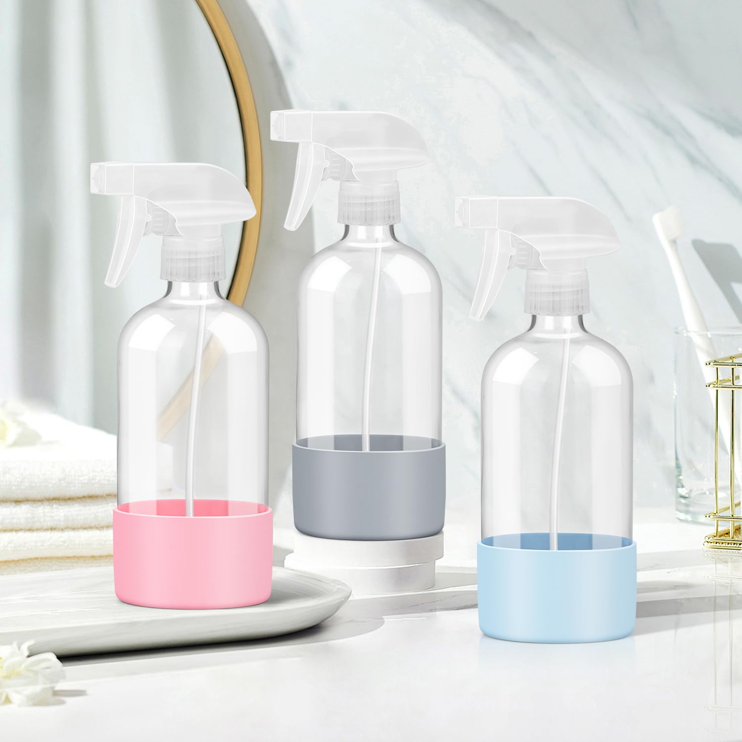 Rionisor Glass Spray Bottles With Silicone Sleeve Protection, Empty 16 Oz Refillable Containers, Reusable Spray Bottles With Adj