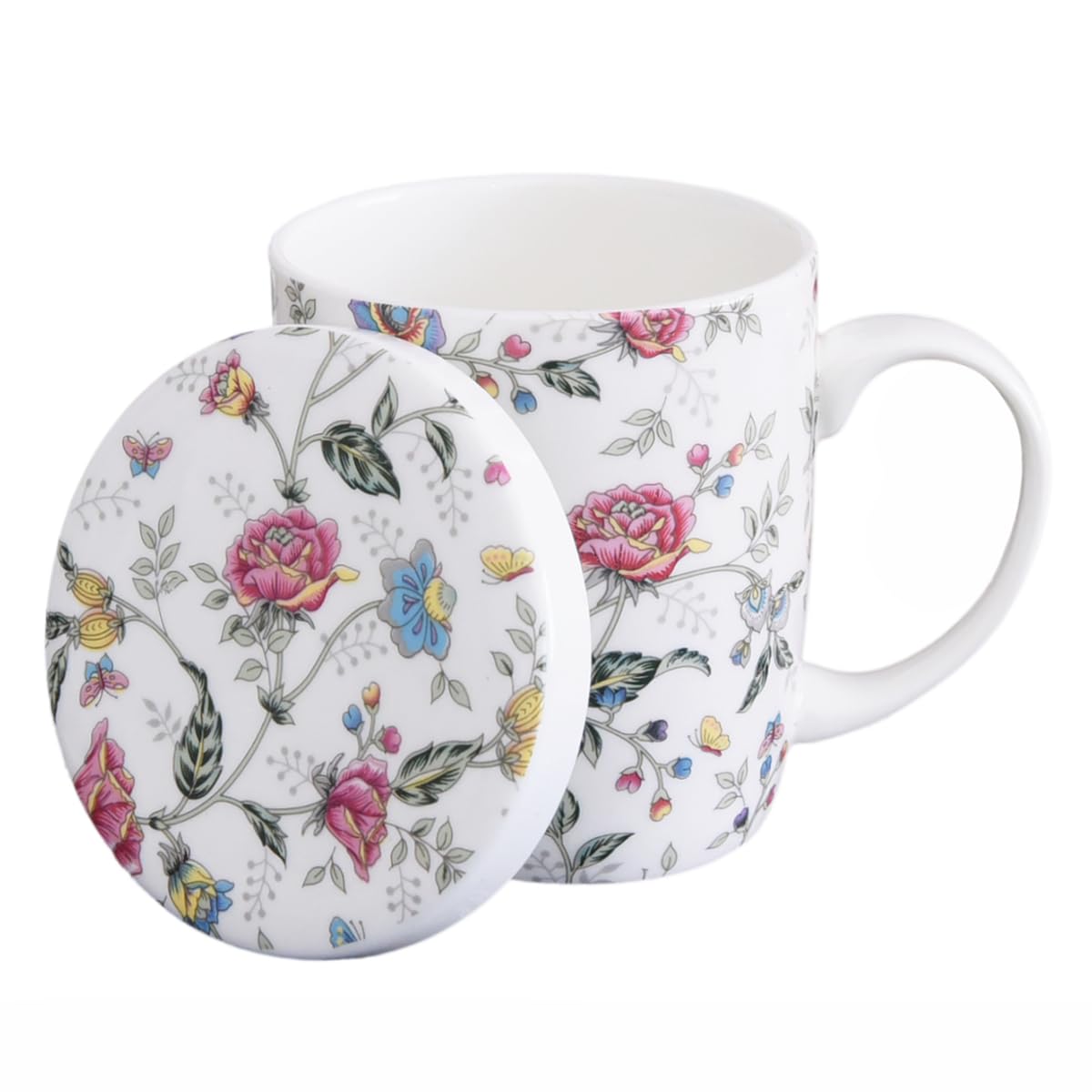 Sizikato Porcelain Mug with Lid, 10oz Bone China Milk Mug Coffee Mug, Colorful Floral Pattern
