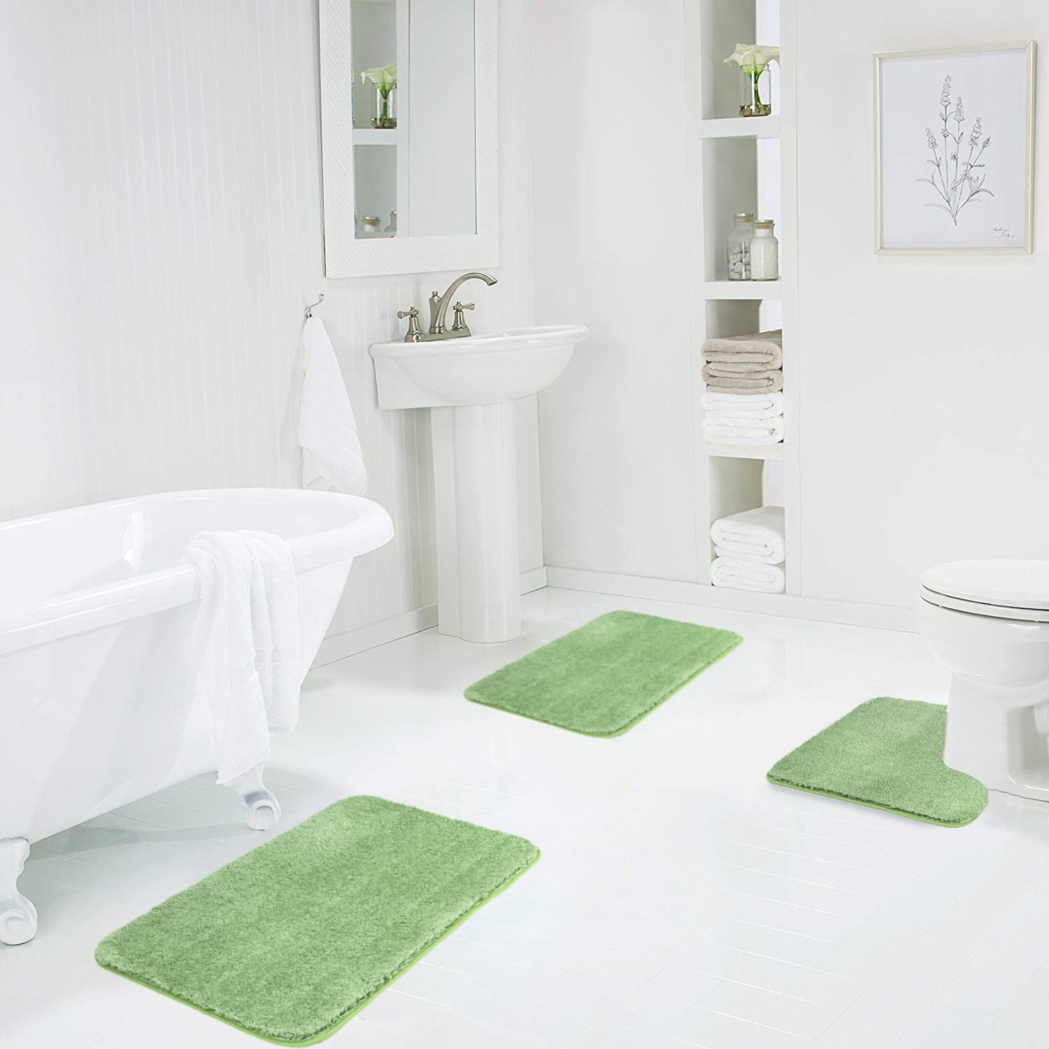 Walensee Shaggy 2 Piece Bath Rug Sets (Sage Green) 20 X 24 U Shape Contour Rug & 20 X 32 Bathroom Rug Machine Wash/Dry Bath Mats