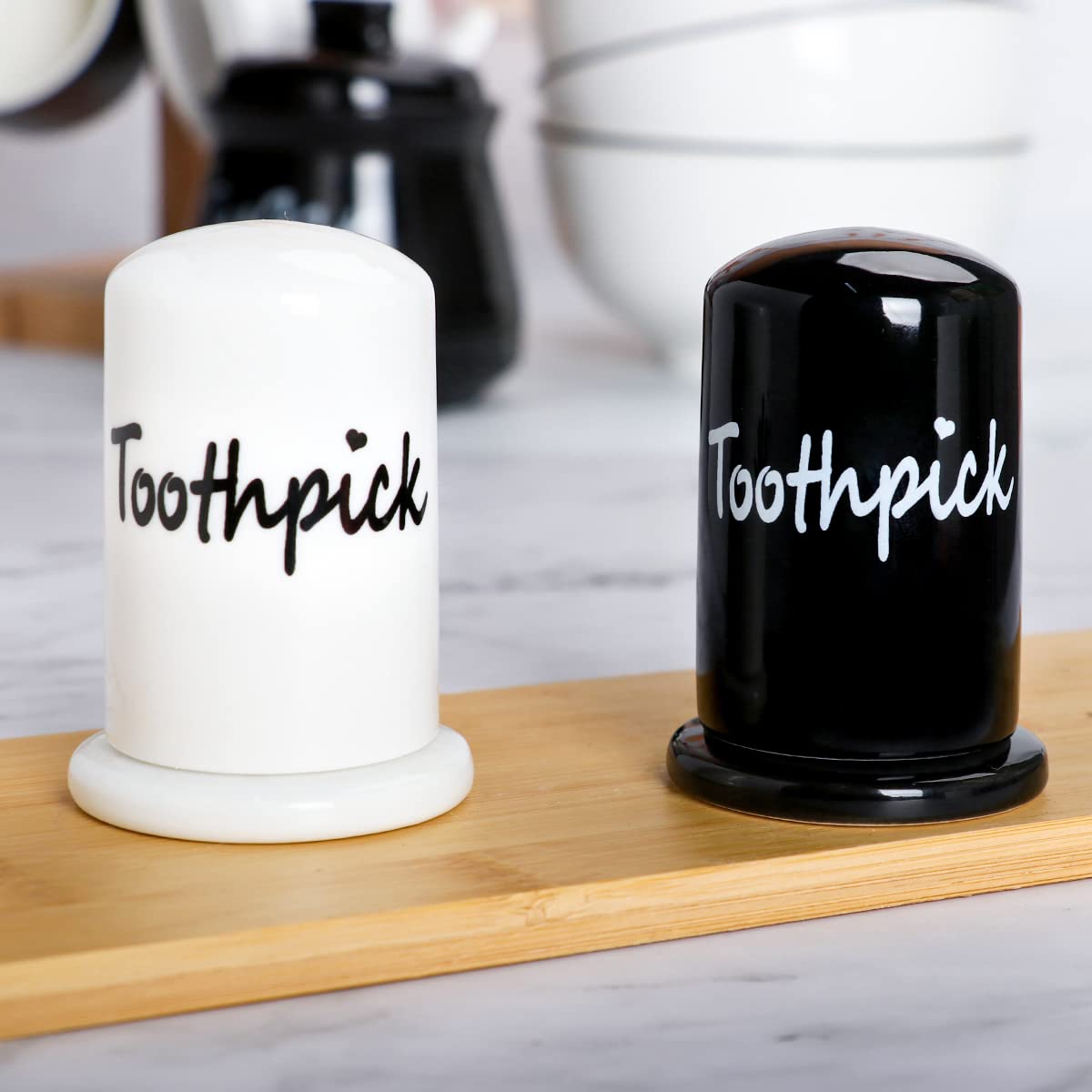 Swetwiny Ceramic Toothpick Holder Set Of 2, Porcelain Toothpick Holder Dispenser With Lid For Home And Kitchen Decor (White+Blac