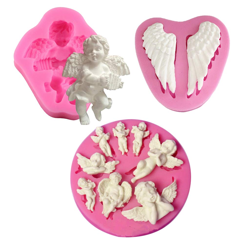 Hiparty 3Pcs/Set Mini Angel Baby & Wings Fondant Molds Angelic Cherub Silicone Cake Decorating Tools Polymer Clay Molds For Boy