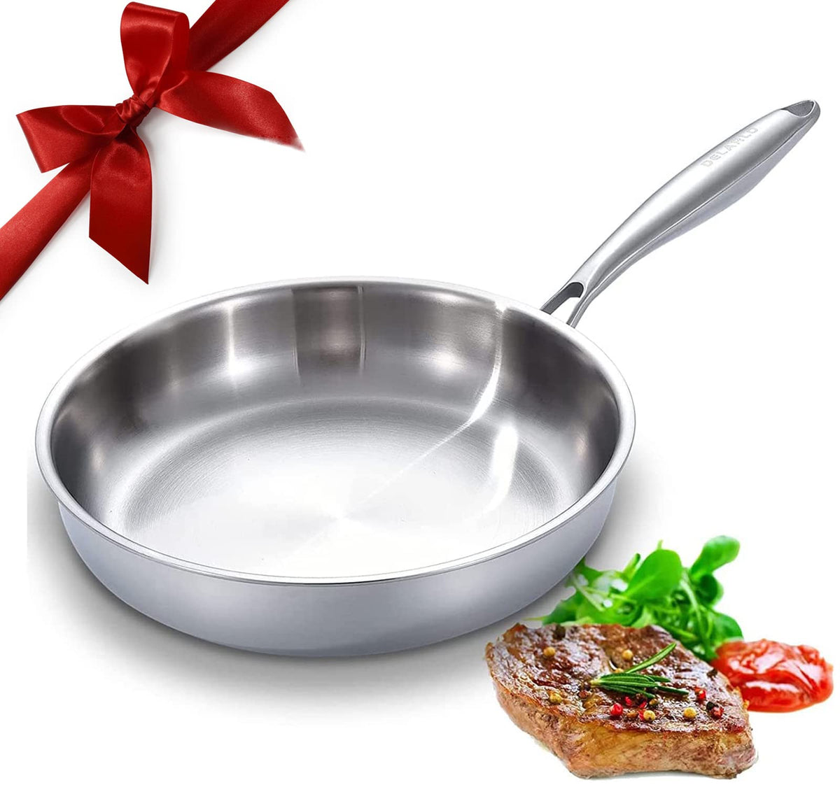 Delarlo Tri-Ply Stainless Steel 12Inch Frying Pan, All Cooktops Compatible Up To 600?, Oven Safe Induction Skillet, 12.5 Inch No