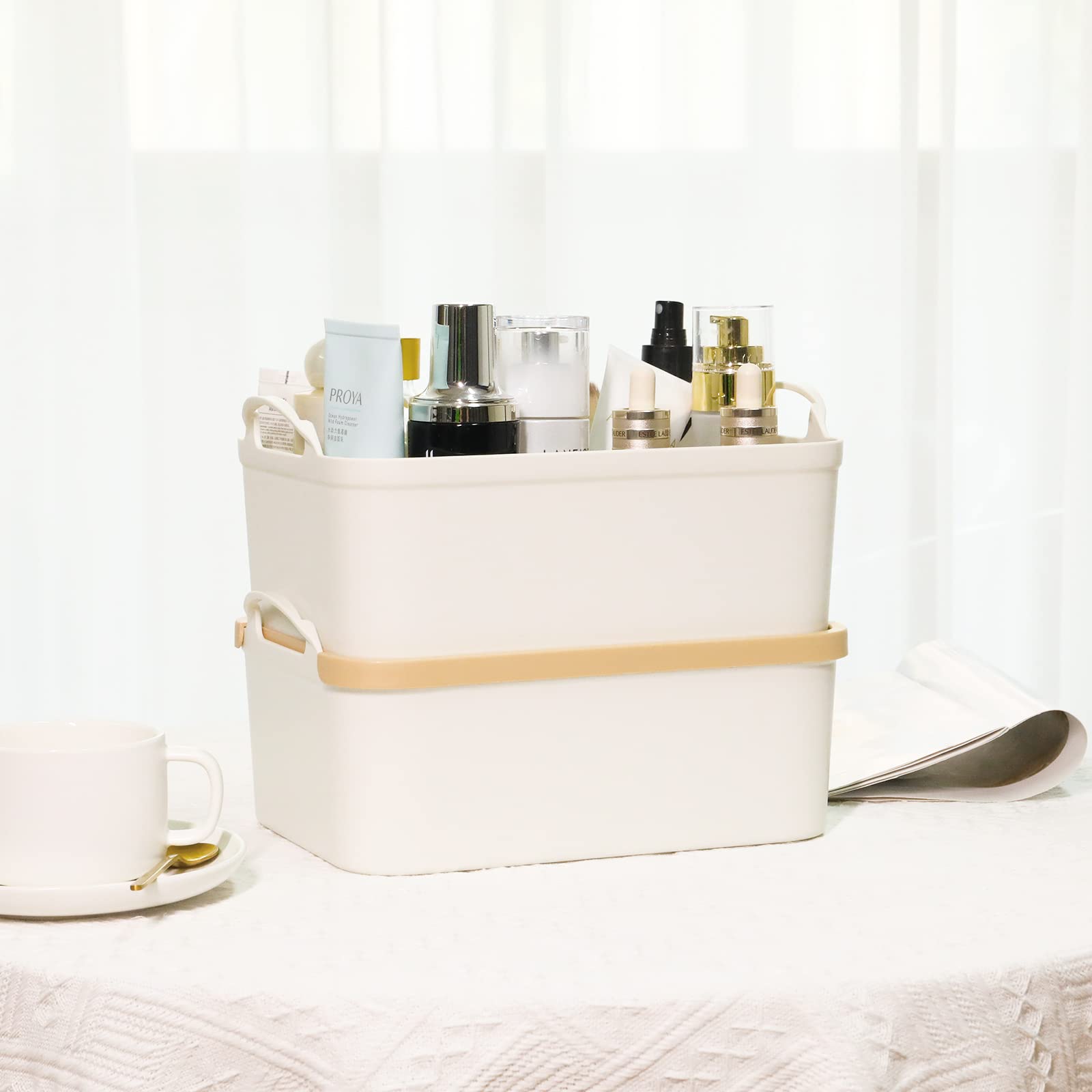 Anminy Lidded Plastic Storage Bins Set White Desk Basket Box Cube Drawer Organizer Kitchen Container With Handles Removable Lids