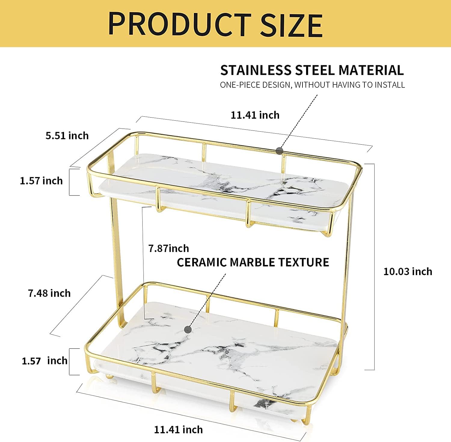 Dobbyby Bathroom Organizer Countertop Perfume Organizer Makeup Organizer Cosmetics Storage Display Rack 2 Tier Vanity Tray Dresser Stainless Steel Gold Shelf White Marble Print Ceramic Tray L
