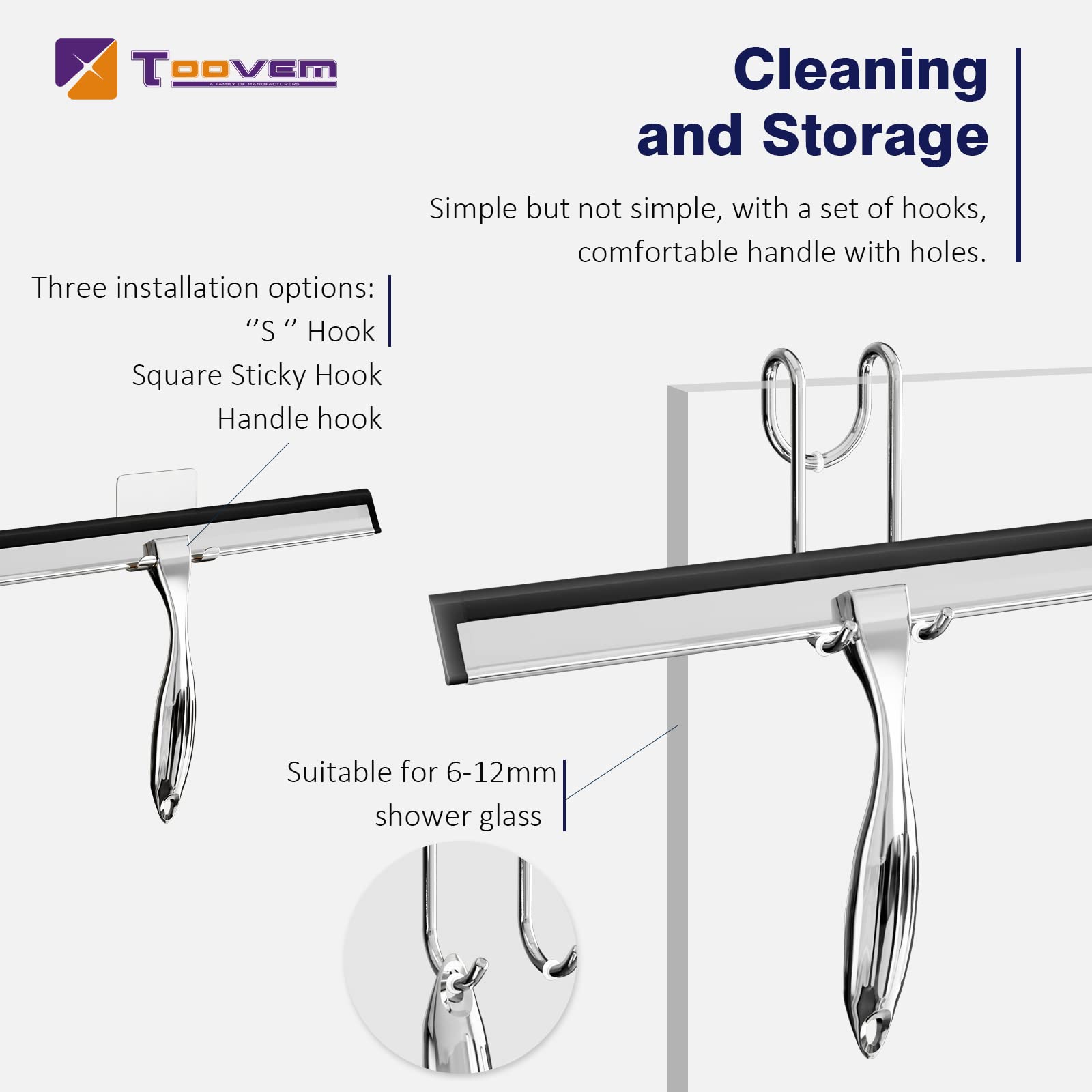 12'' Shower Squeegee, Toovem Shower Squeegee For Shower Doors For Glass Doors, Windows, Bathroom, Car Windshield, Silver