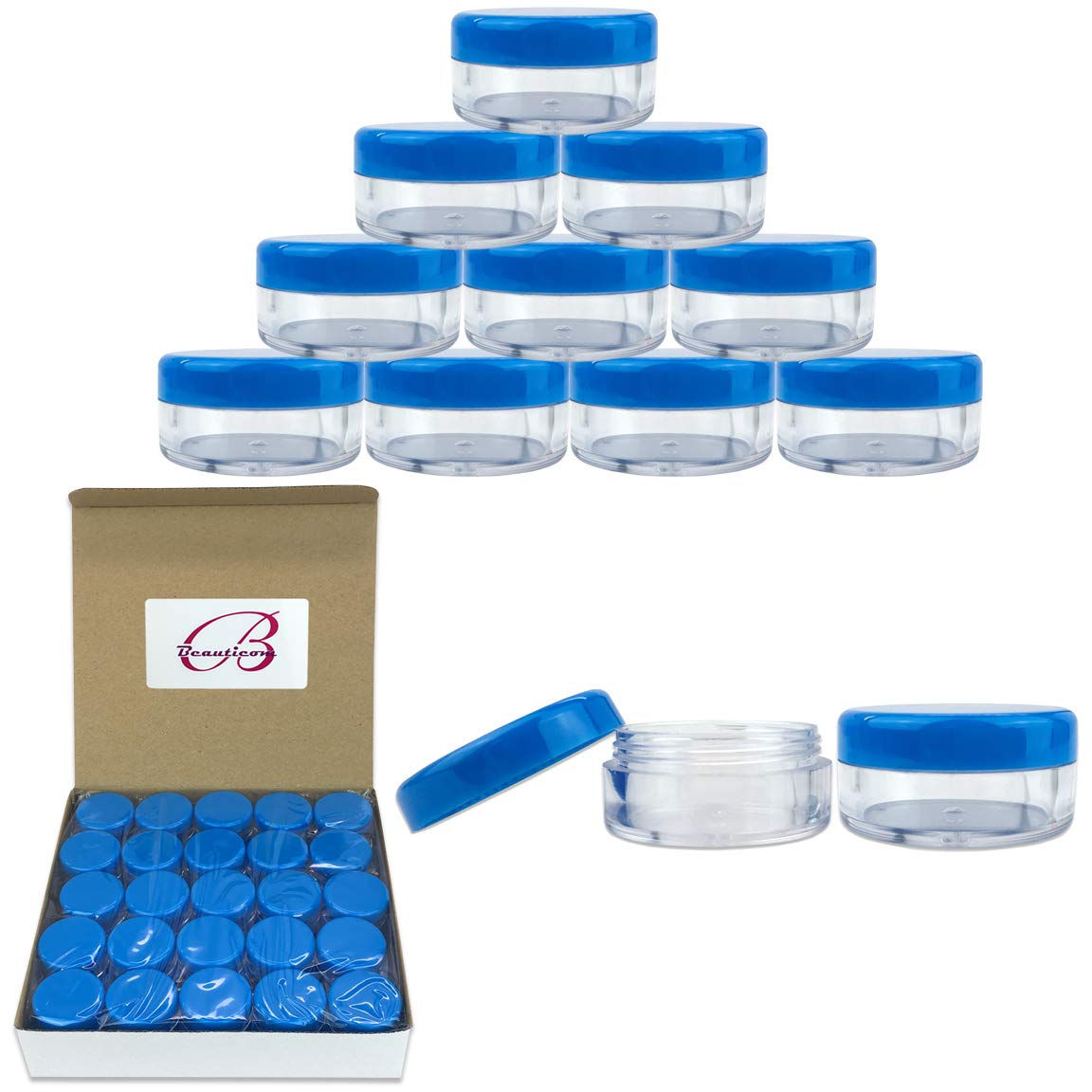 Beauticom (Quantity: 50 Pieces) 5G/5Ml Round Clear Jars With Blue Lids For Scrubs, Oils, Toner, Salves, Creams, Lotions, Makeup