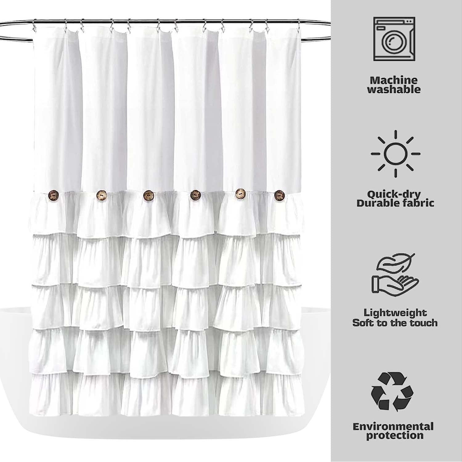 White Ruffle Shower Curtain Farmhouse Shower Curtain Set With 12 Hooks 72 X 72Inch Fabric Shower Curtains With Buttons & White R