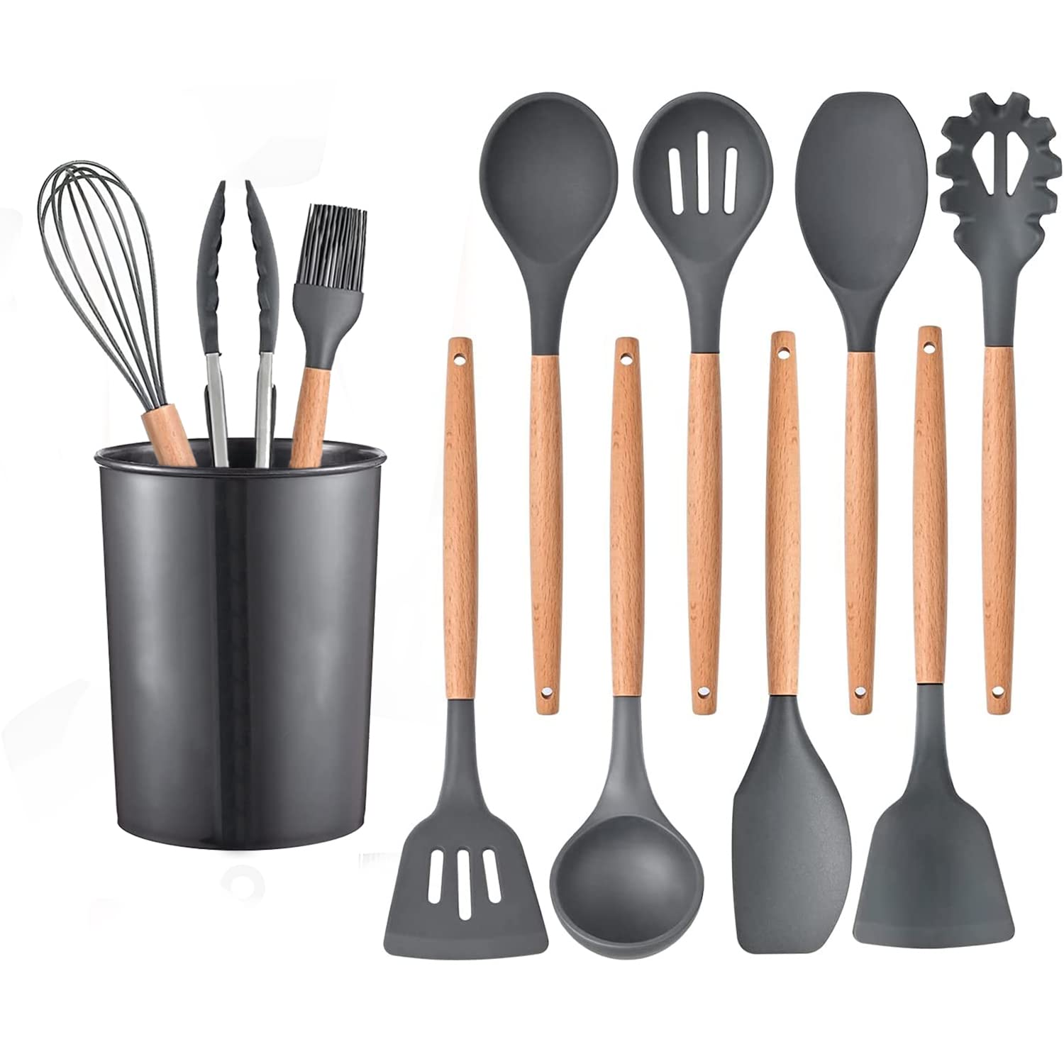 12 Pieces Kitchen Silicone Utensils Sets Cooking Utensils Sets Wooden Handle Spoon Tong Heat Resistant Non Stick Cookware Spatul