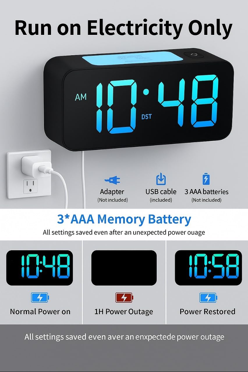 Aerys 9-Inch Digital Alarm Clock, Rgb Color Display, Night Light Dimmer, Usb Ports, Super Loud Alarm For Heavy Sleepers, Table C