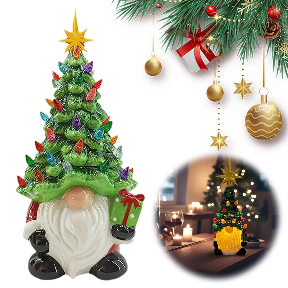 Lighted Christmas Gnomes Decorations, 8 Inch Faceless Old Man Ceramic Christmas Tree, Small Mini Prelit Xmas Holiday Decor for T