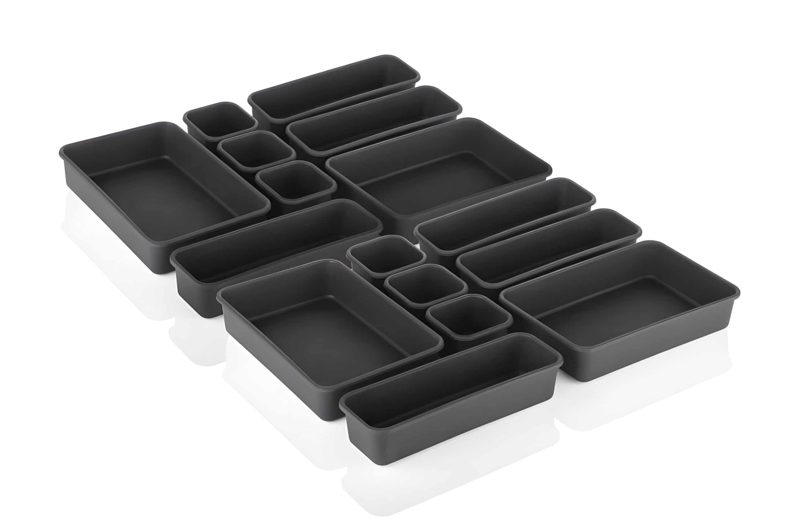Kepzell Drawer Organizer Set Of 16 Divider/Separator Black Plastic Trays For Flatware, Cutlery & Desk Storage For Household, Mak