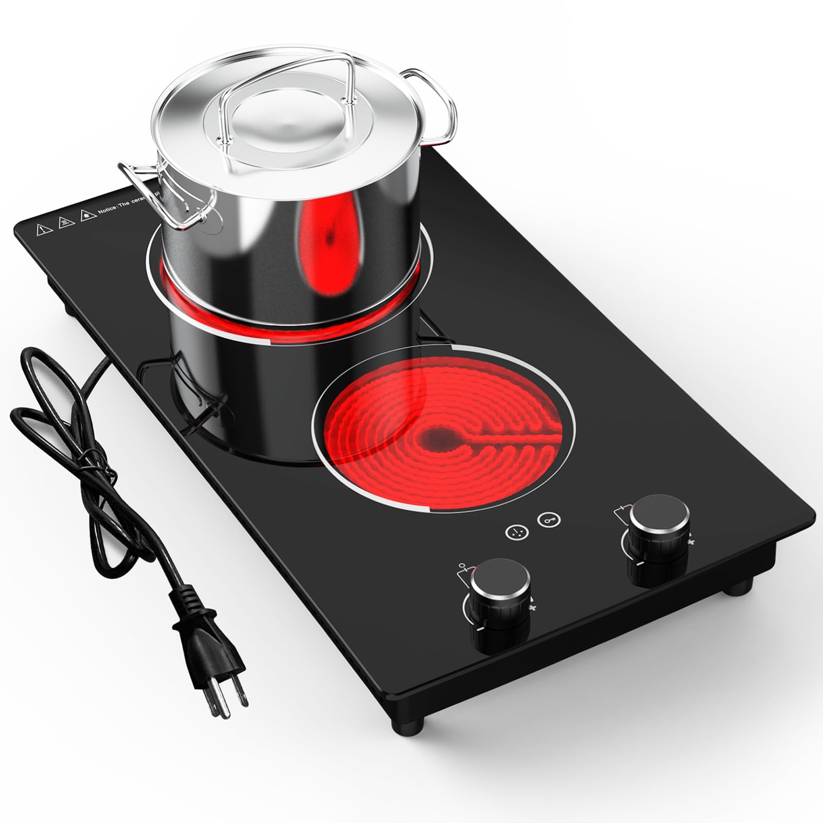 110v Electric Cooktop 2 Burners, 12 Electric Stove Top with Plug in, GTKZW Knob Control Countertop & Built-in Ceramic Cooktop,