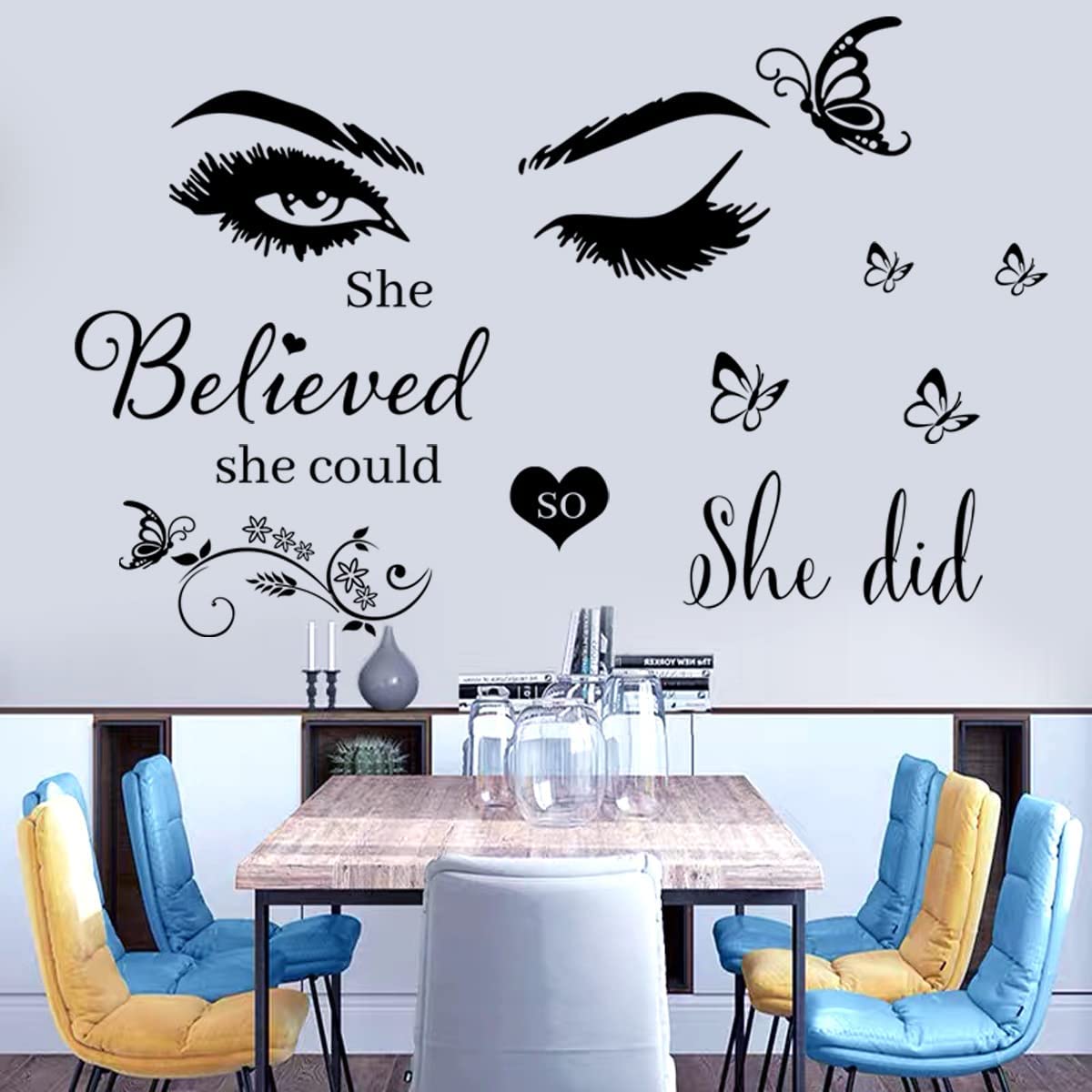 Wall Sticker Saying Vinyl Wall Decals Eyelash Eyes Inspirational Quotes She Believed She Could So She Did Wall Decal Butterfly Wall Stickers for Bedroom Living Room Classroom Office Girl Room Home Decor.