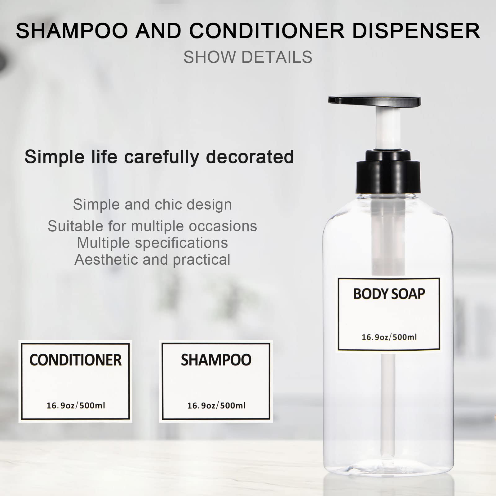Clear Shampoo And Conditioner Bottles,Yeeco Shampoo Pump Bottle Shampoo Bottles Dispenser With Waterproof Labels 16.9Oz/500Ml 3