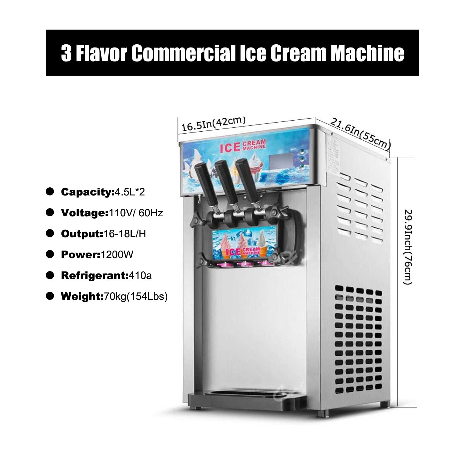 Lgxenzhuo 3 Flavor Soft Ice Cream Machine Commercial Soft Serve Ice Cream Maker Sorbet Frozen Yogurt Gelato Led Display Desktop