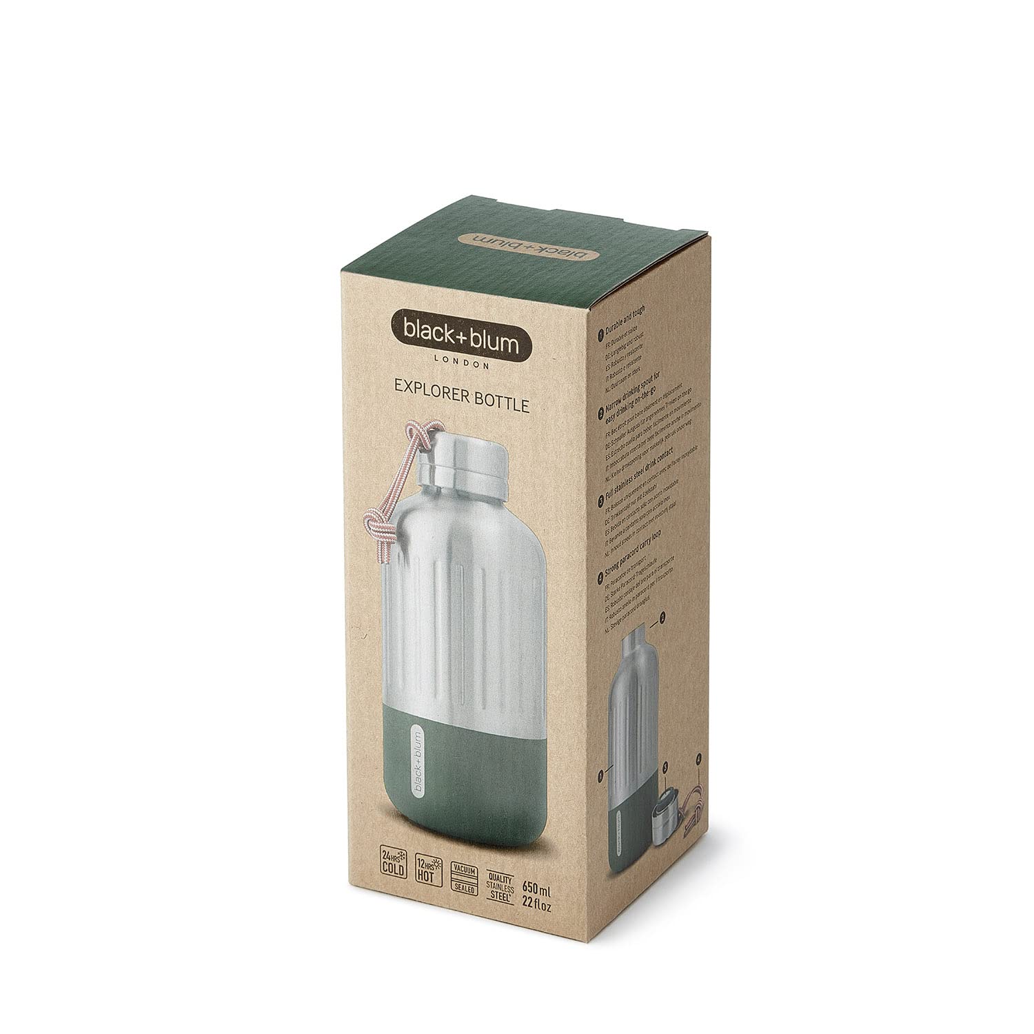 Black + Blum Explorer Insulated Flask, Olive, 650 Ml, Thermal Drinking Bottle Keeps Cold For 24 Hours And Hot For 12 Hours, 100%