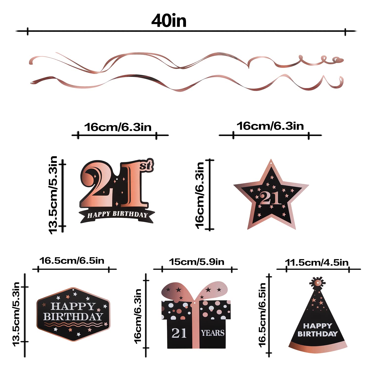 Lingteer Happy 21St Birthday Decorations,21St Birthday Black With Rose Swirls Hanging Streamer Kit,Cheers To 21 Years Old Bday F