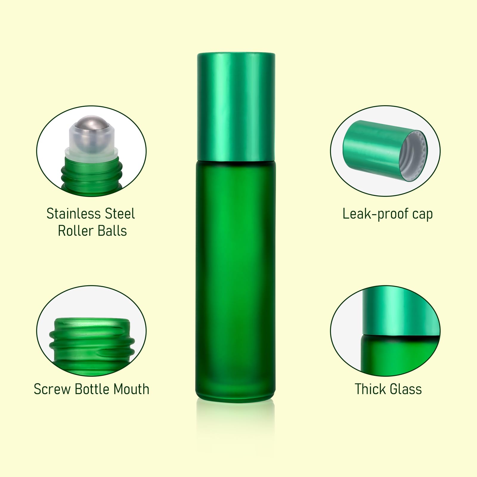 Kesell 10Pcs Empty Roll On Glass Bottles, 10Ml 1/3 Oz Essential Oil Roller Bottles With Stainless Steel Roller Balls - Green Col