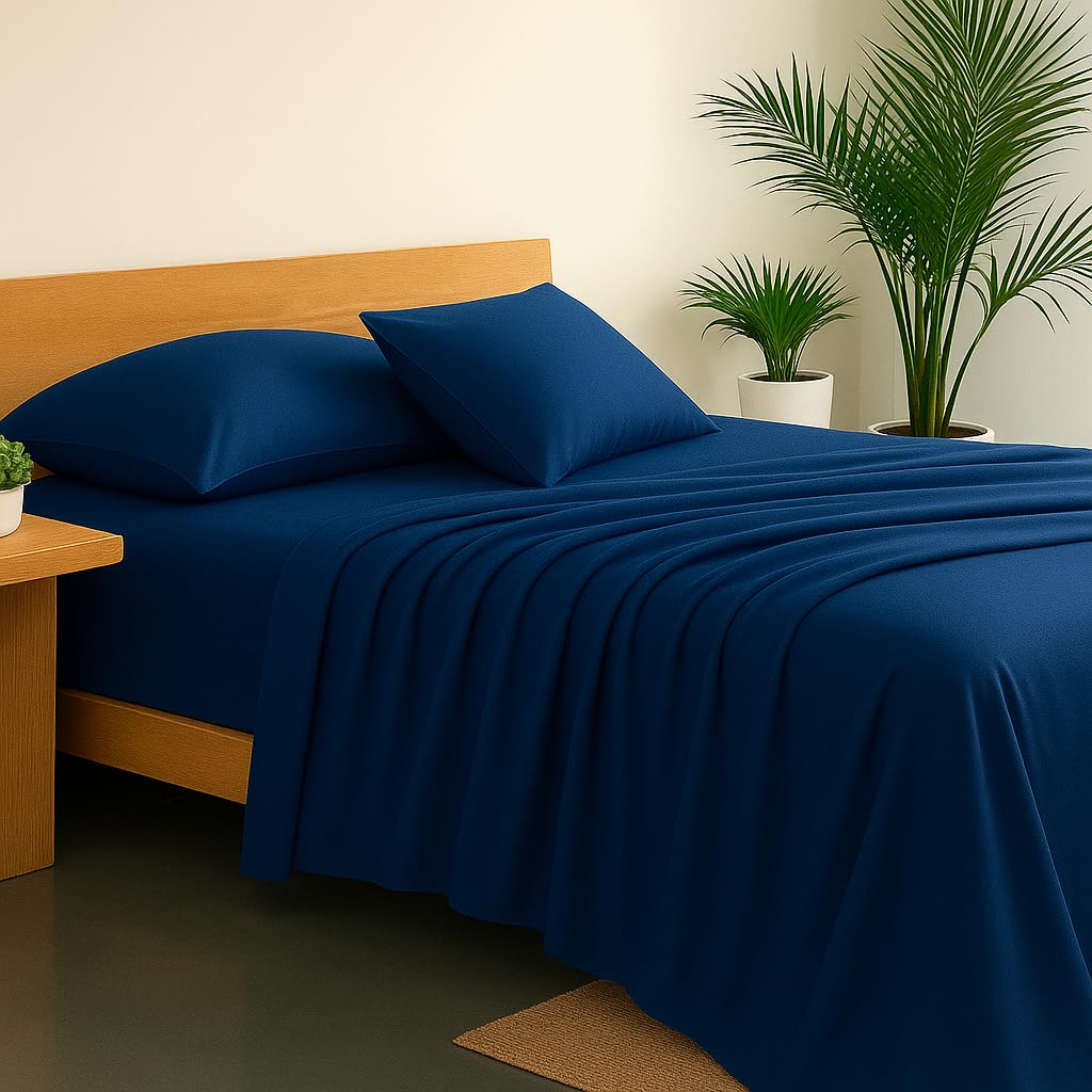 Linenaffairs 100% Cotton Bedsheet - Navy Blue - Flat Sheet With 2 Pillow Covers - Comfortable & Durable Bedsheet For Double Size