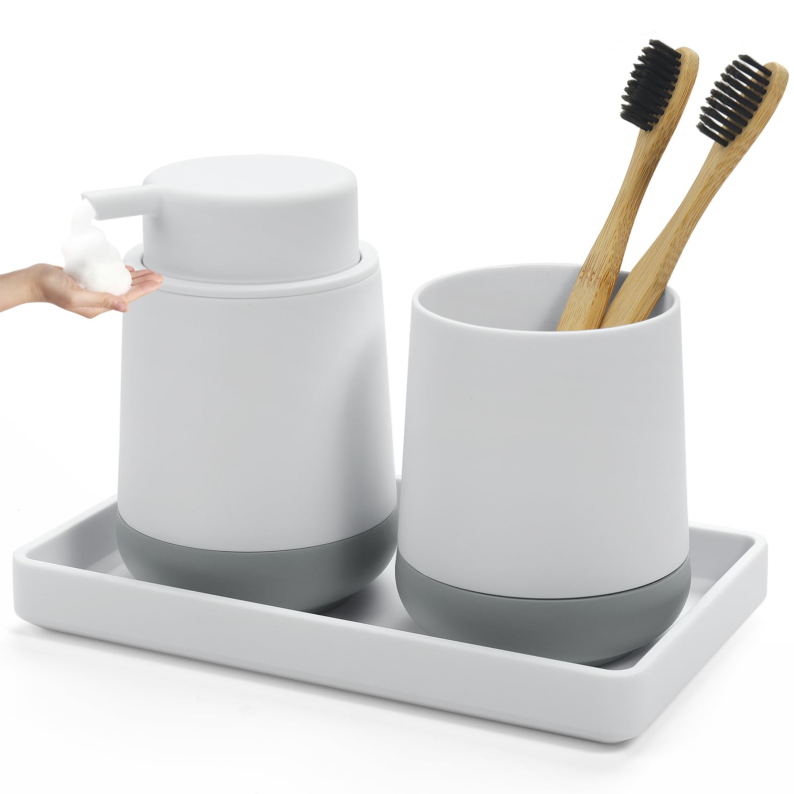 GAHEFY White Bathroom Countertop Accessories Set - Soap Dispenser and Toothbrush Holder with Silicone Boot,Vanity Tray (White Fo